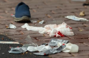 Blood-stained bandages outside the Al-Noor Mosque