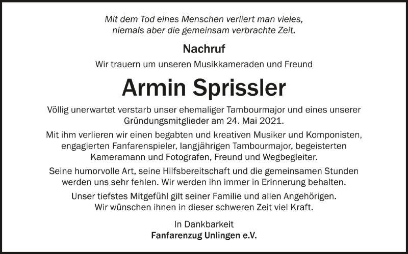 Nachruf Armin Sprissler
