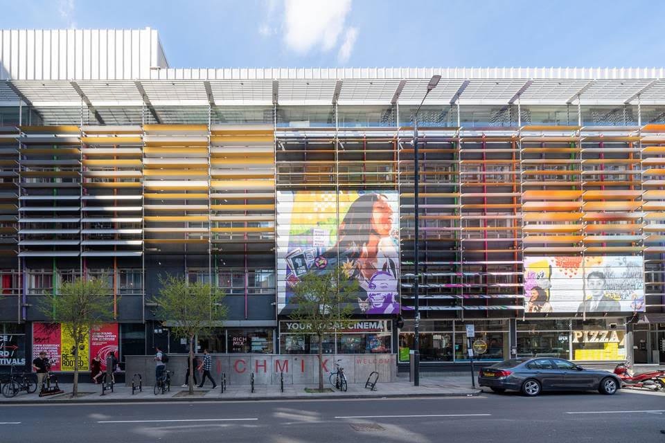 Exterior of Rich Mix showing the main entrance from Bethnal Green Road.