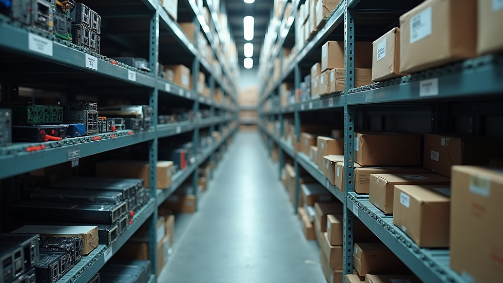High angle view of warehouse shelves stocked with electronic components