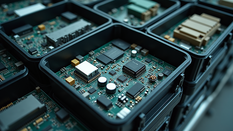 High angle view of organized electronic components in storage bins