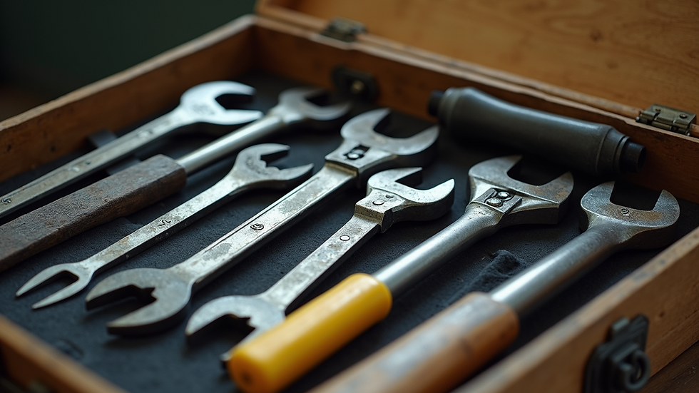 Eye-level view of a toolbox filled with common industrial hand tools