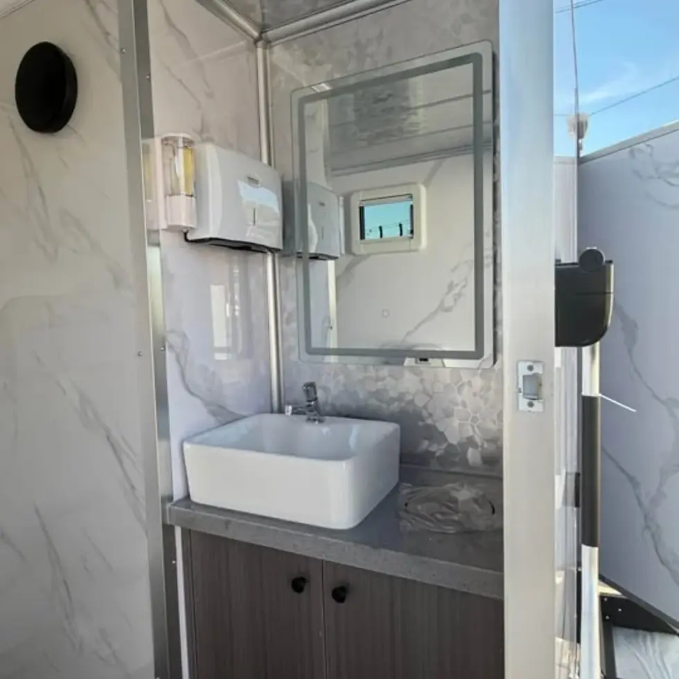 Thumbnail: Modern Marble 2-Station Portable Restroom Trailer - Elegant Mobile Bathroom