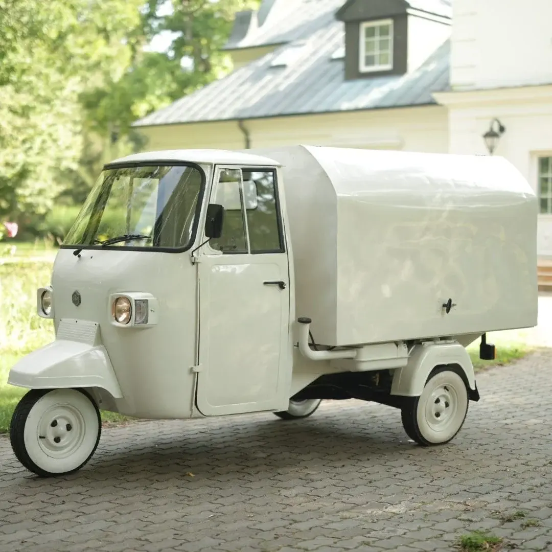 10ft Classic White Vintage Tricycle Food Cart with Curved Enclosed Box
