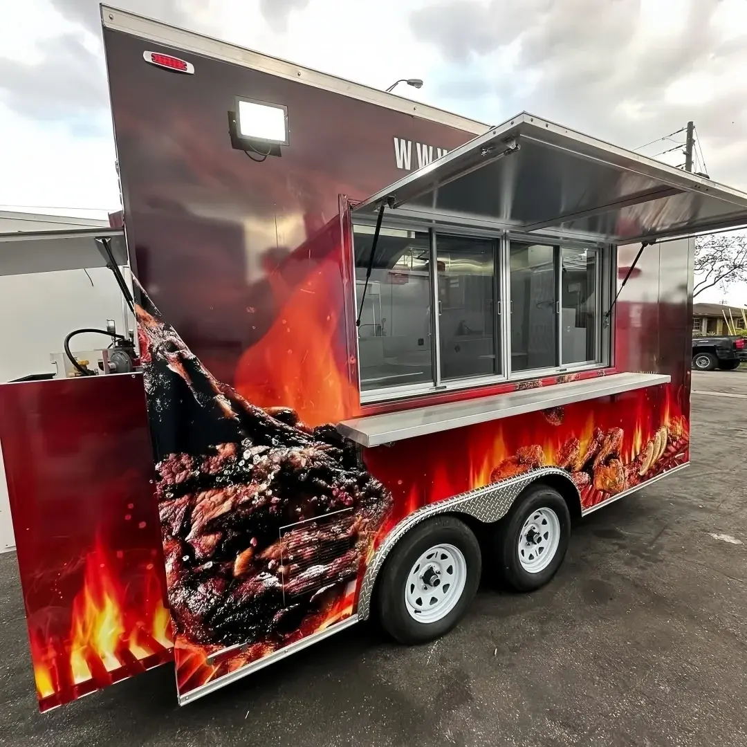 13.1ft Custom Wrapped BBQ Food Trailer with Flame & Steak Graphics, Dual Axle