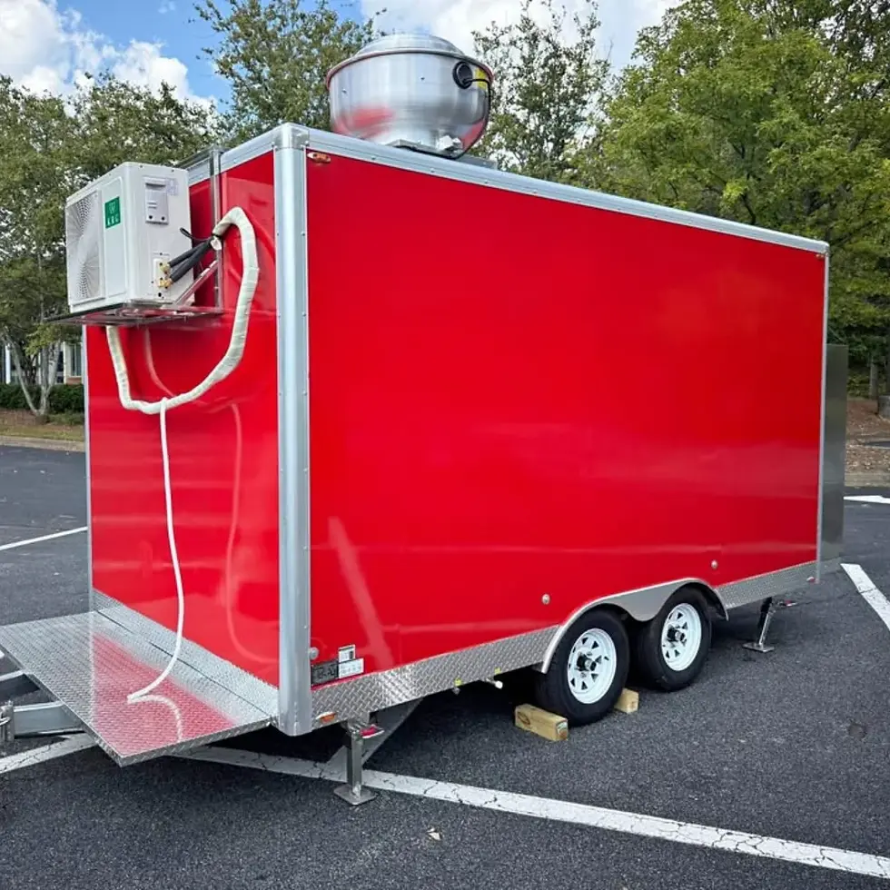 Thumbnail: 13ft Bright Red Enclosed Food Trailer with Dual Axle, Serving Window & Diamond