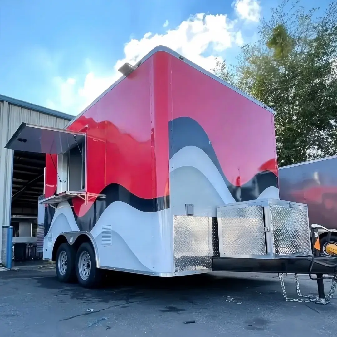 13.1ft Custom Red & Black Wavy Wrap Enclosed Food Trailer with Dual Axle