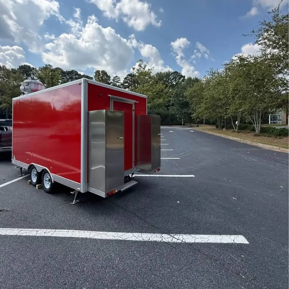 Thumbnail: 13ft Bright Red Enclosed Food Trailer with Dual Axle, Serving Window & Diamond