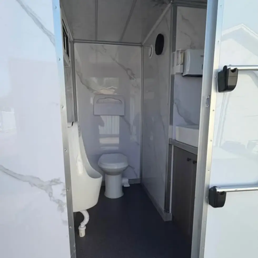 Thumbnail: Modern Marble 2-Station Portable Restroom Trailer - Elegant Mobile Bathroom
