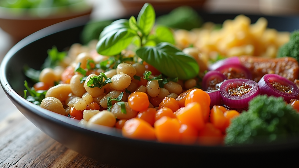 Close-up of a healthy meal with colorful vegetables and grains
