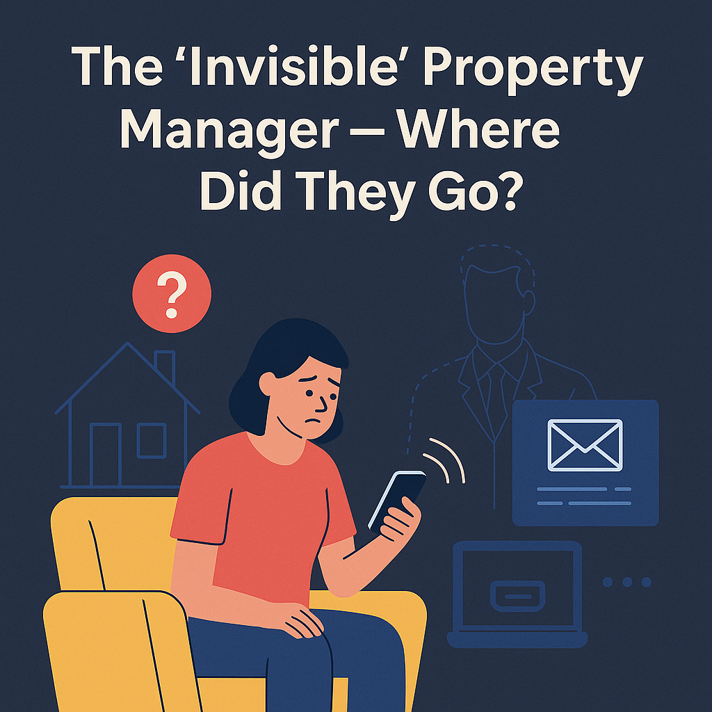 A worried person in red shirt looks at phone. Text reads "The 'Invisible' Property Manager – Where Did They Go?" with house and email icons.
