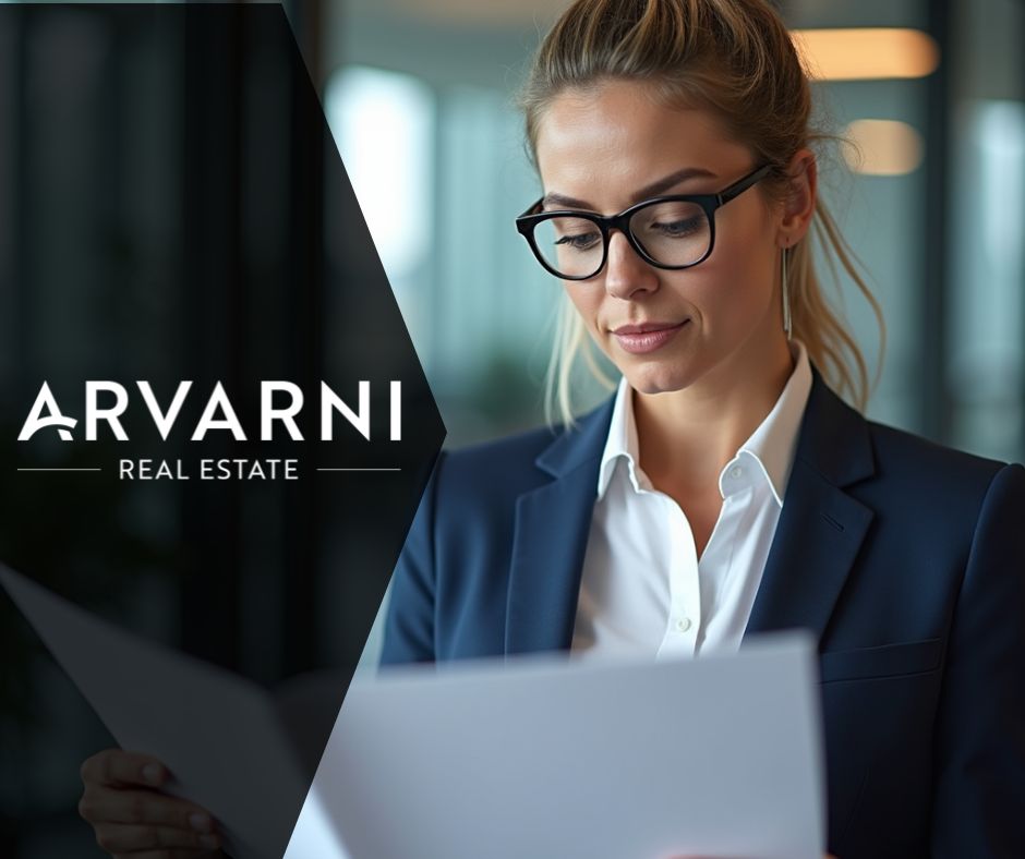 Businesswoman in glasses reads a document; wearing a navy blazer in an office. Arvarni Real Estate logo on the dark background.