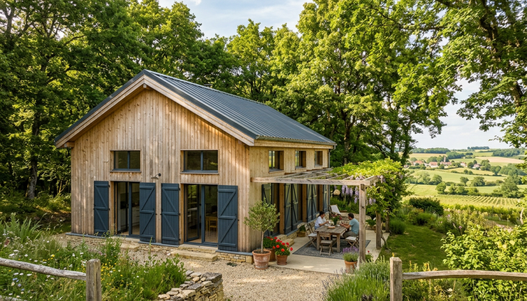 Vue grand angle d’une maison contemporaine en bois entourée d’arbres en été.