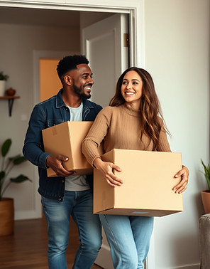 mixed race couple carrying boxes into their new apartment.jpg