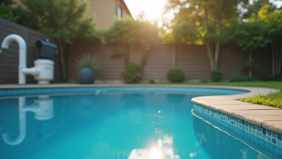Close-up view of pool pump and filter system in a backyard
