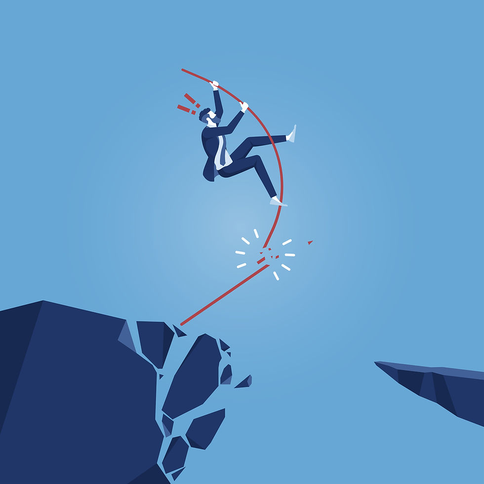 Leader pole vaulting over a cliff & both the pole and cliff are crumbling beneath him