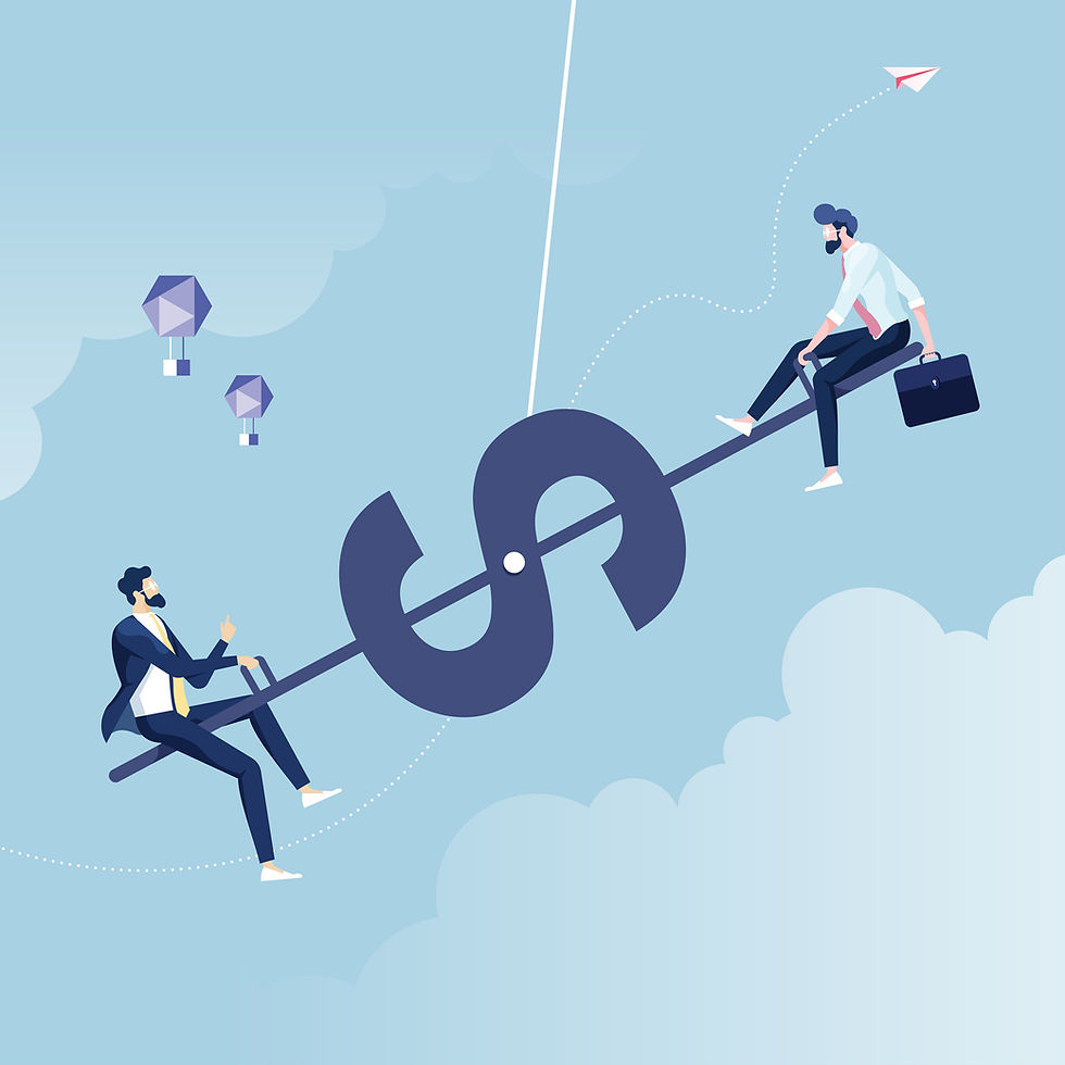 CEOs teetering on a dollar sign representing performance tied to financial returns.
