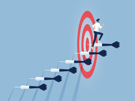 CEO is stepping on a ladder of darts that are leading to a goal of success & clarity.