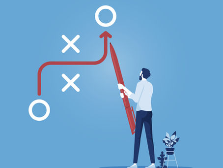 Executive playing tic-tac-toe with a red pen to connect the dots to find a root cause.