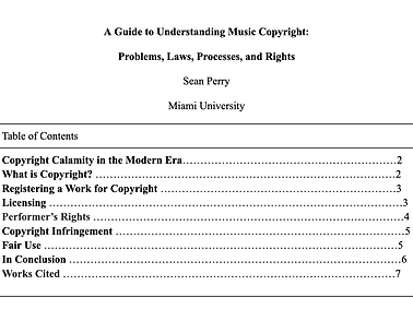 The title & table of contents for my Music Copyright paper.