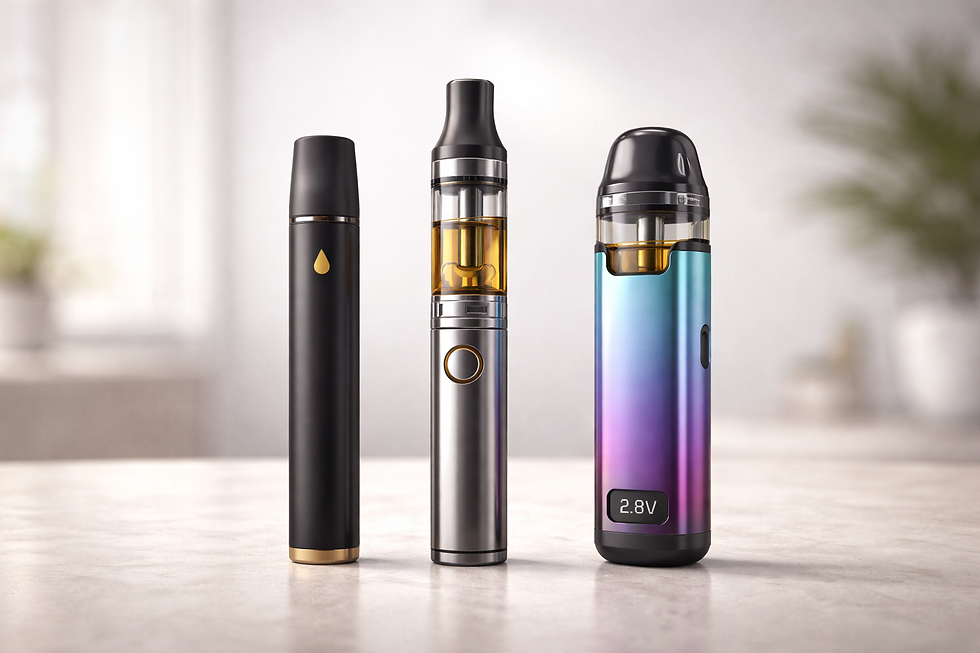 Diferentes modelos de canetas THC modernas alinhadas mostrando opções descartáveis, recarregáveis e premium.