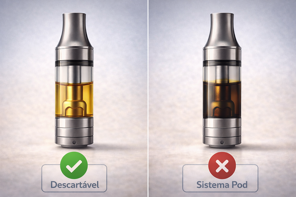 Comparação entre óleo THC de alta qualidade dourado e óleo escuro de baixa qualidade em cartucho vape.