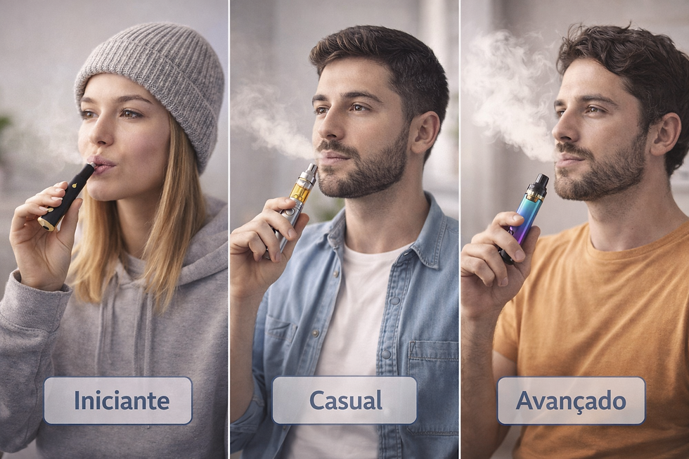Diferentes perfis de usuários utilizando canetas THC mostrando iniciantes, usuários moderados e avançados.