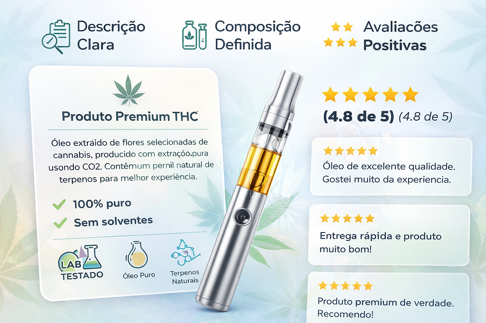 produto THC premium com descrição clara composição definida e avaliações positivas caneta vape cannabis qualidade comprovada