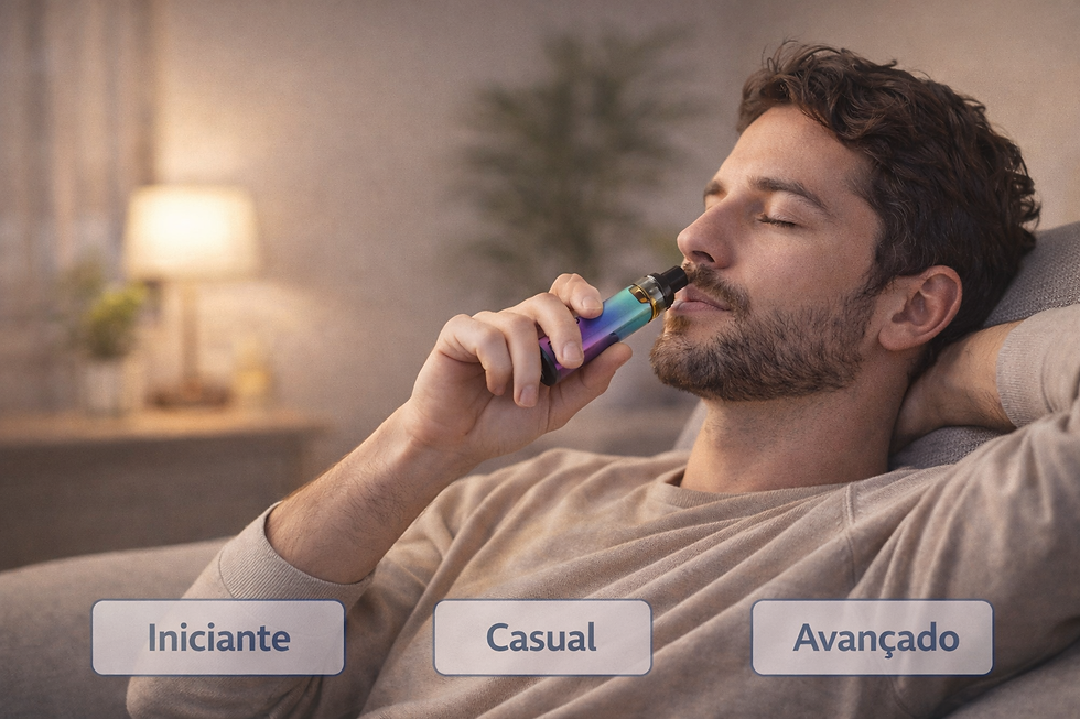 Pessoa utilizando caneta THC em ambiente moderno transmitindo conforto e uso consciente.