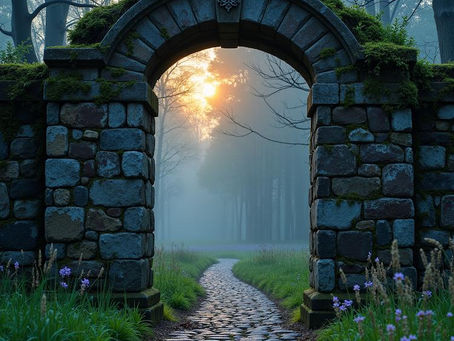 Arche ancienne en pierre ouvrant sur un paysage naturel baigné de lumière