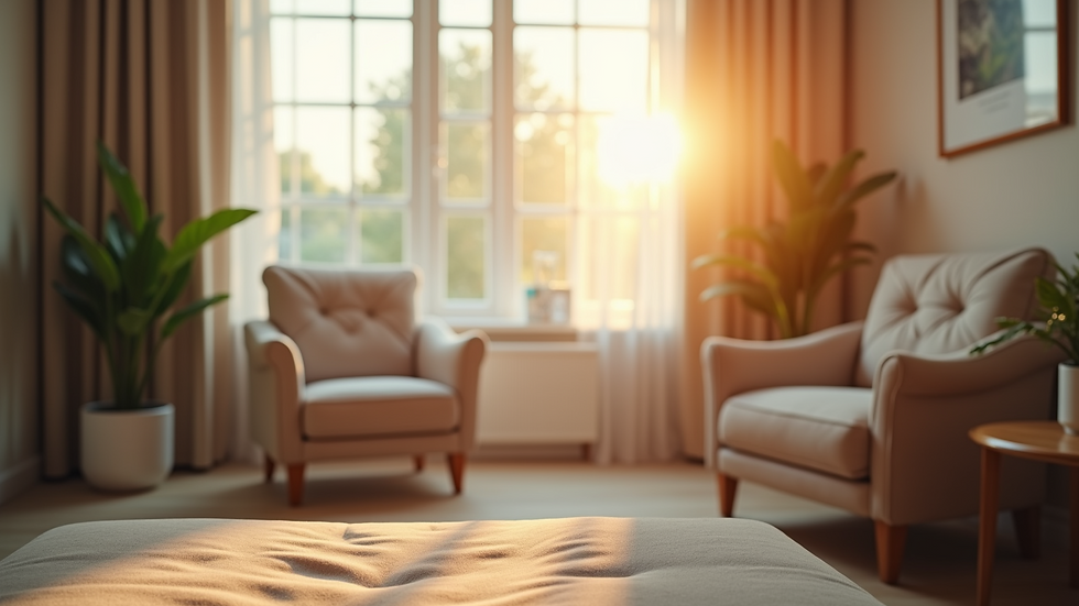 Close-up view of a cozy therapy room with a comfortable chair and soft lighting
