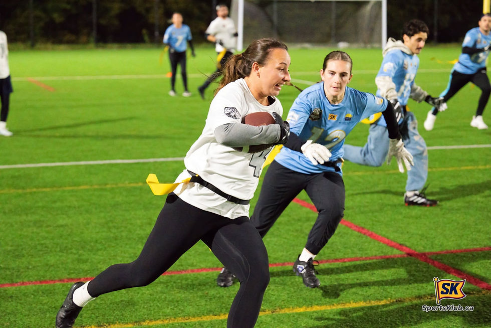 CMF Automotive Silver Bombers receiver Marisa Bremner rushing the ball with McLean & Dickey Thunderbolts defender Rachel Holmes in the view during SportsKlub Orillia Flag Football action at the West Orillia Sports Complex on Friday night.