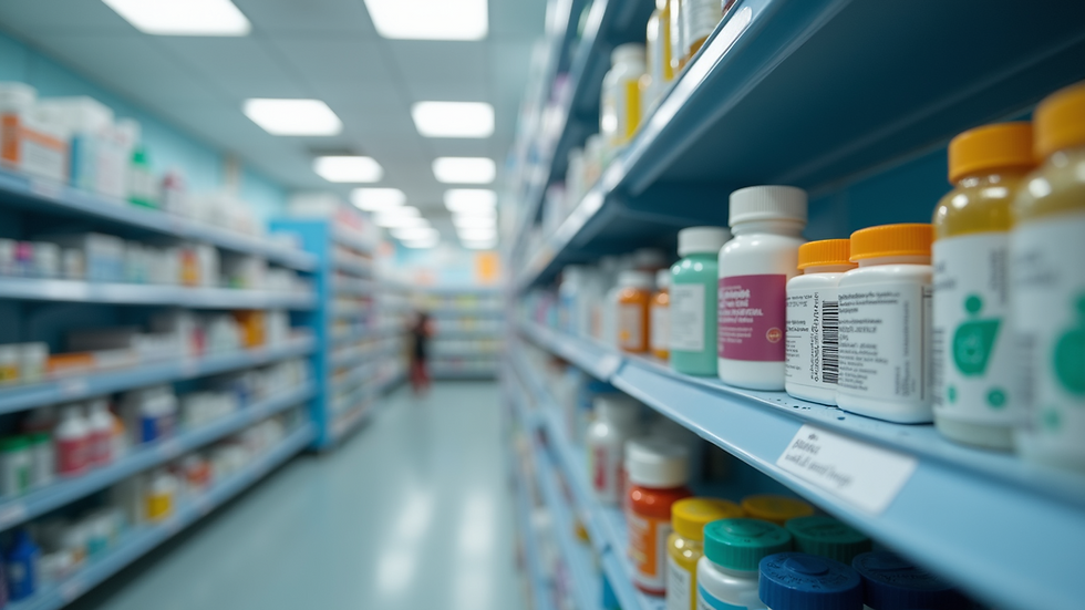 Eye-level view of pharmacy shelf with antiviral medications