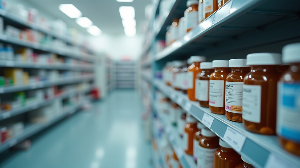 Eye-level view of a pharmacy shelf stocked with various medication bottles