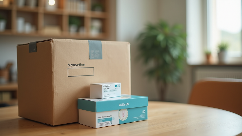 High angle view of a delivery package with medicine boxes on a table