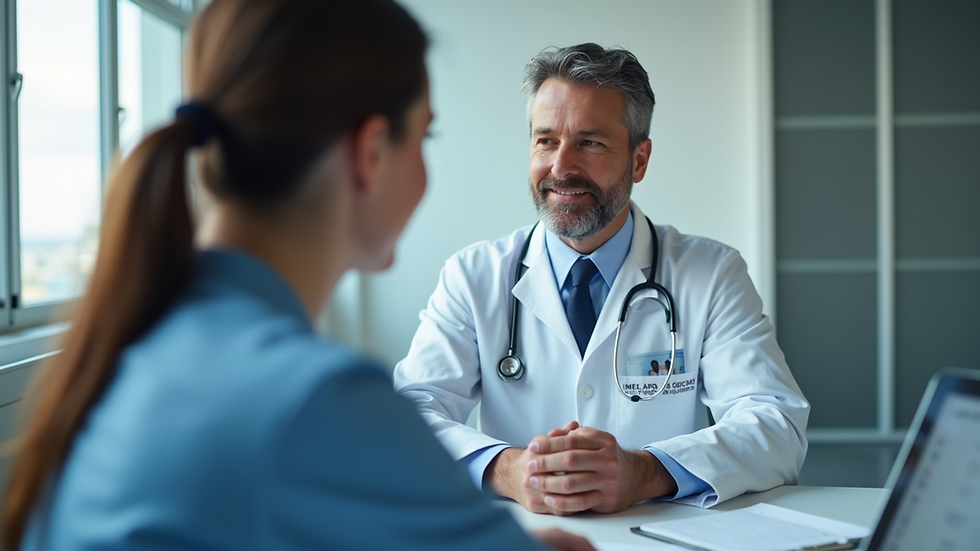 Eye-level view of a healthcare professional consulting a patient