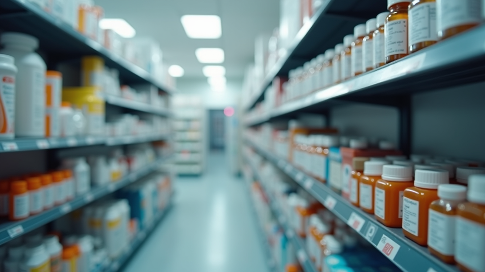 Eye-level view of a pharmacy shelf with medication bottles