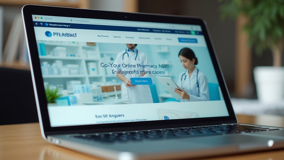 Eye-level view of a laptop screen showing an online pharmacy website