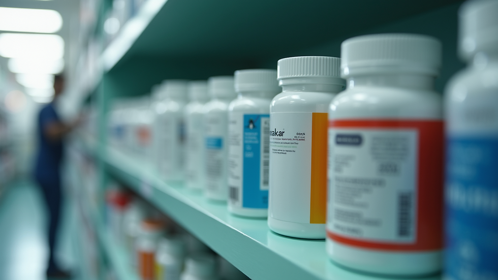 Eye-level view of a pharmacy shelf with various medicine bottles