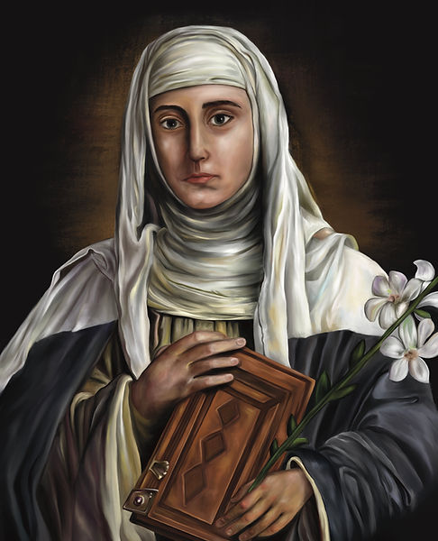 St. Catherine of Siena holding her book “The Dialogue” and flowers, traditional catholic saints painting