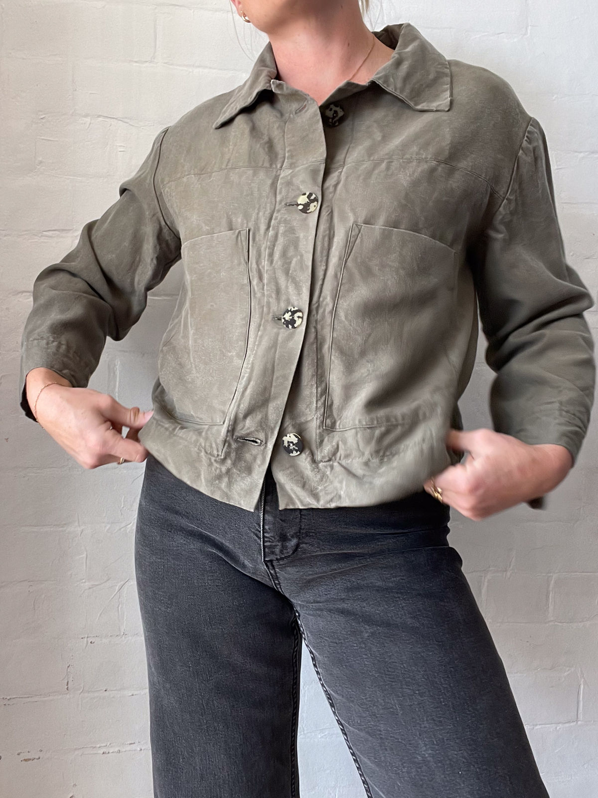 HANDMADE Muted Khaki Button Up Jacket - Size up to 10