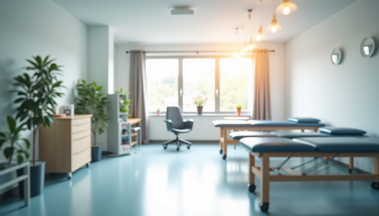 Eye-level view of a calm physical therapy treatment room with natural light and therapeutic equipment