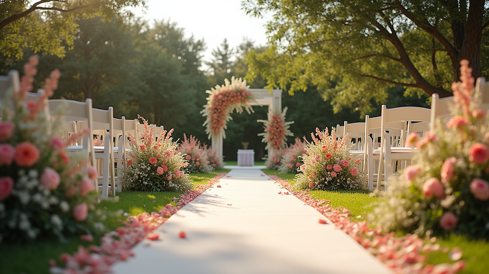Eye-level view of a beautifully decorated outdoor ceremony space with floral arrangements