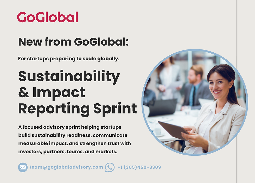GoGlobal service announcement graphic for the Sustainability & Impact Reporting Sprint, a focused advisory service for startups preparing to scale globally, communicate impact, and build stakeholder trust.