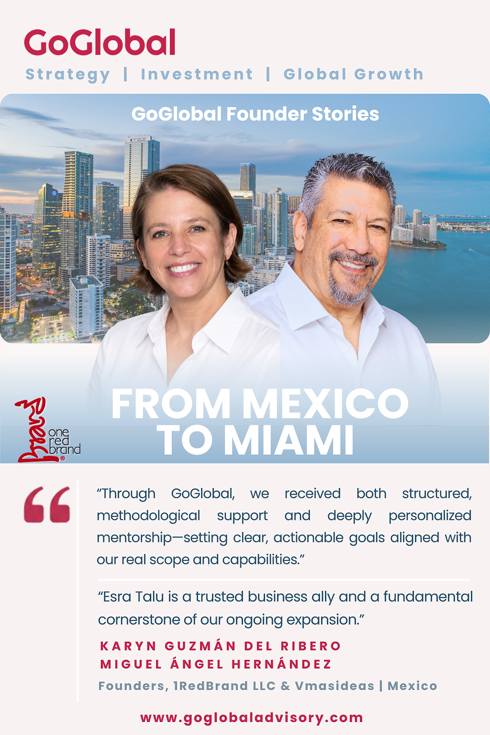 Karyn Guzmán del Ribero and Miguel Ángel Hernández, founders of 1RedBrand, pictured against the Miami skyline in a GoGlobal Founder Stories feature highlighting their U.S. expansion journey.