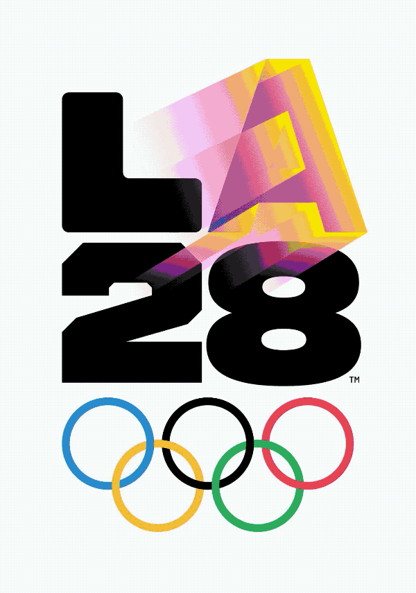 “LA28 logo above the Olympic rings, representing the Los Angeles 2028 Summer Olympic Games.”
