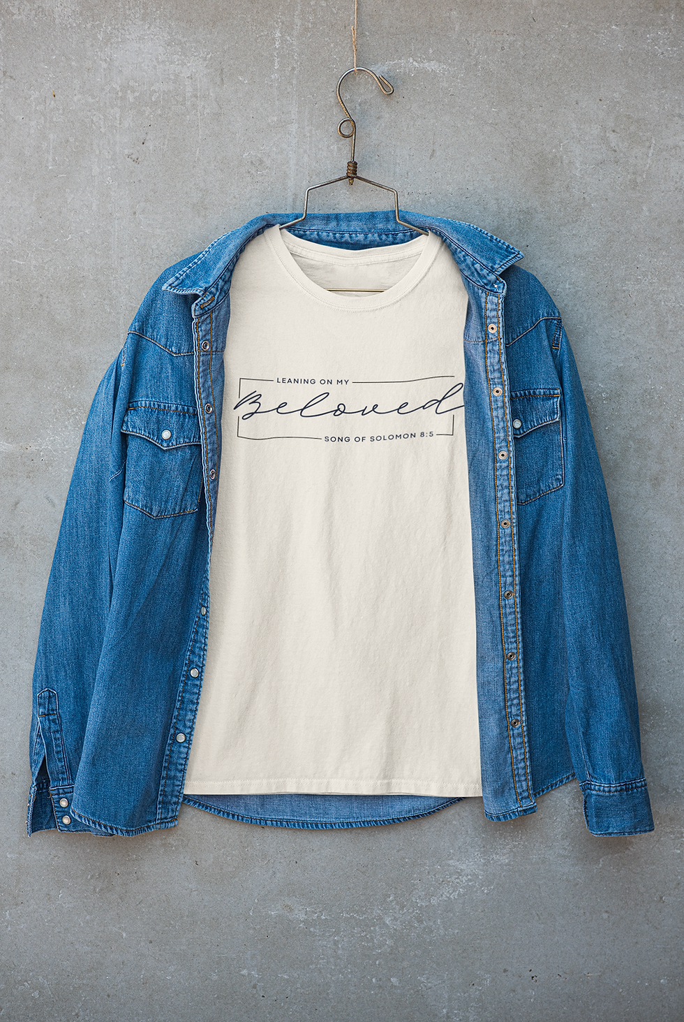 Thumbnail: Minimalist Ivory T-Shirt with text that says "Leaning on My Beloved Song of Solomon 8:5"