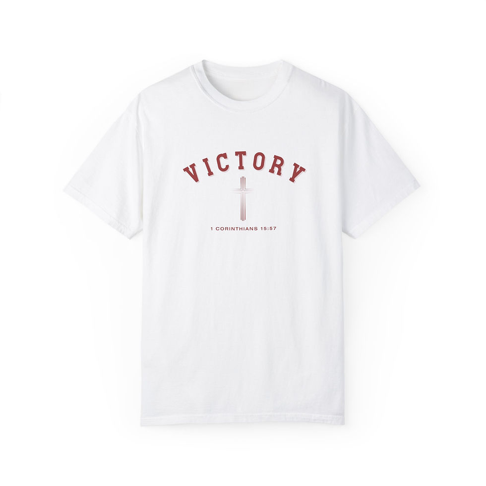 Victory 1 Corinthians 15:57 with distressed cross design on white t-shirt