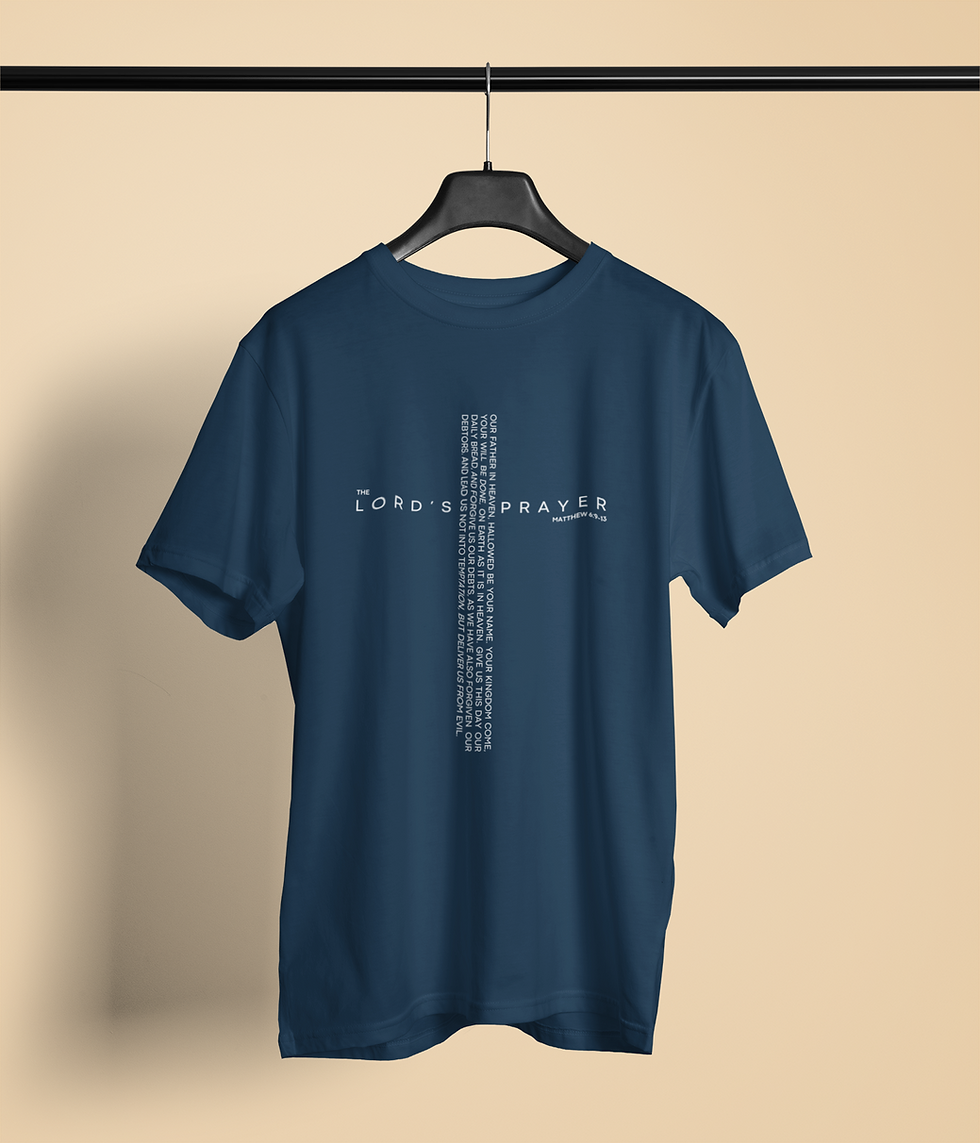 Miniatura: The Lord's Prayer written out in the shape of a cross on true navy t-shirt