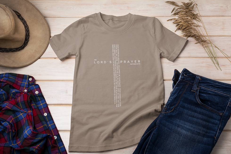 Miniatura: The Lord's Prayer written out in the shape of a cross on espresso t-shirt